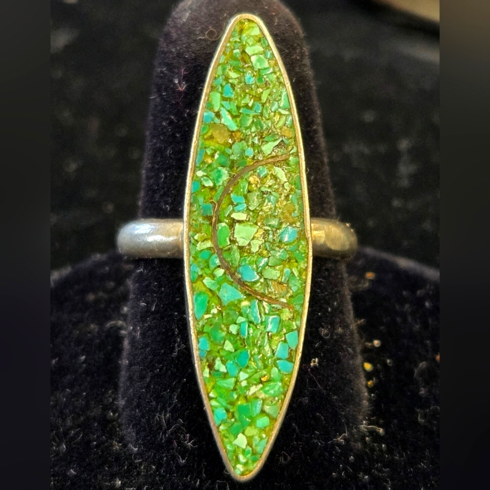 Vintage Crushed Turquoise Surfboard Mosaic Green Blue Inlaid Zuni Ring